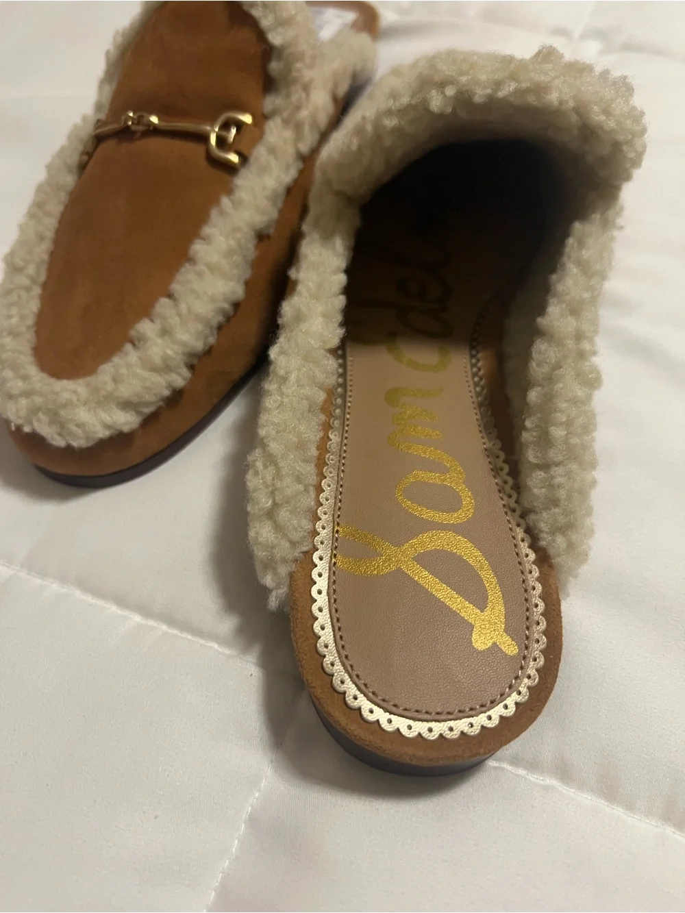 Sam Edelman Tan Suede Shearling-Trim Loafer Mules